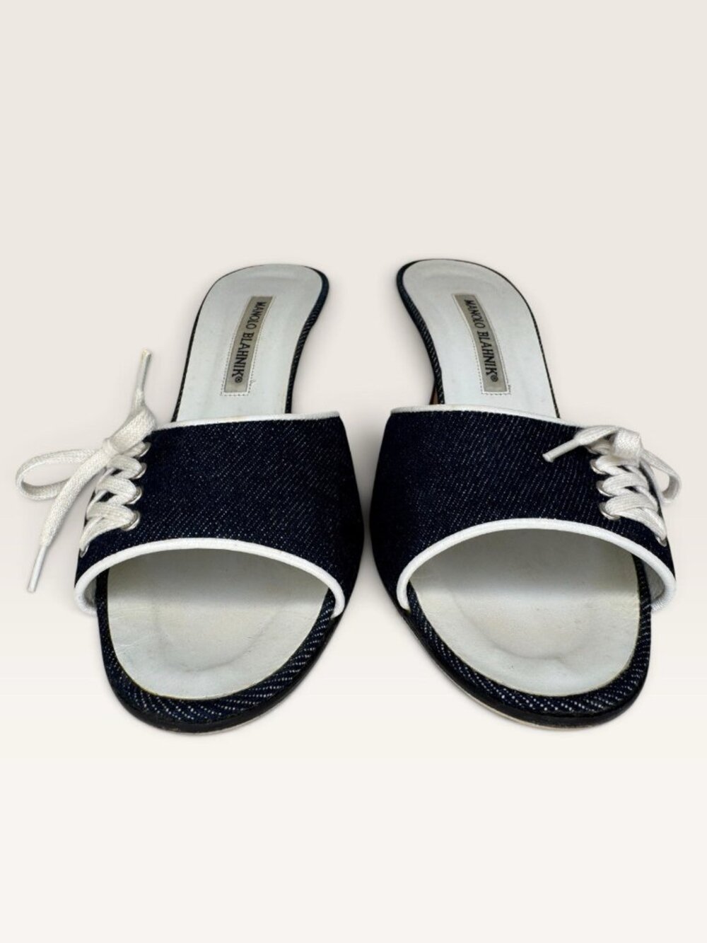 Vintage Manolo Blahnik Denim Lace Up Mules Size 38 Sandals Heels Y2K Bow Blue - Picture 5 of 11